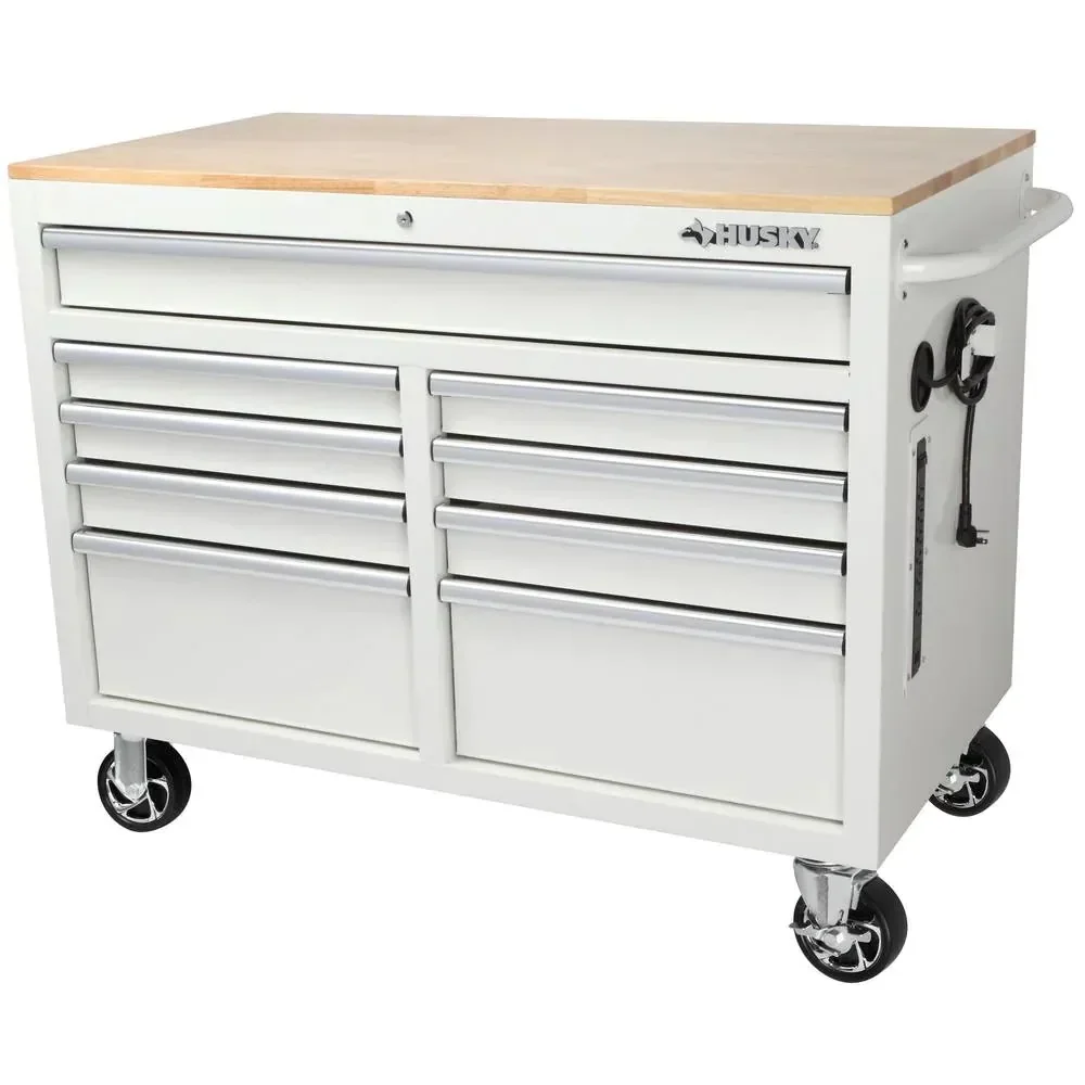 46-in W x 24.5-in D 9-Drawer Mobile Workbench with Hardwood Top and Power Station – Gloss Black
